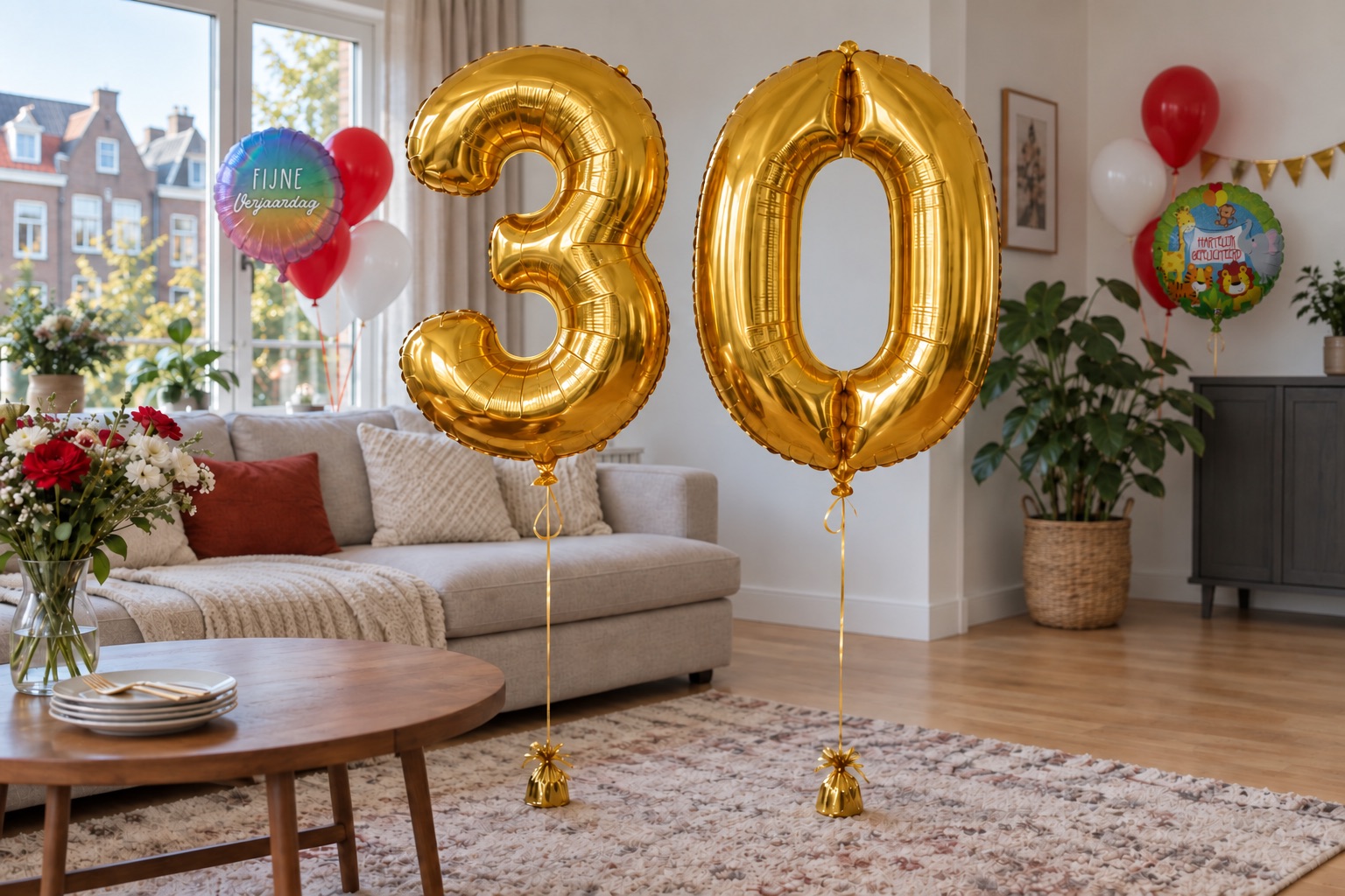 Gouden cijferballonnen 30 in een feestelijk aangeklede woonkamer