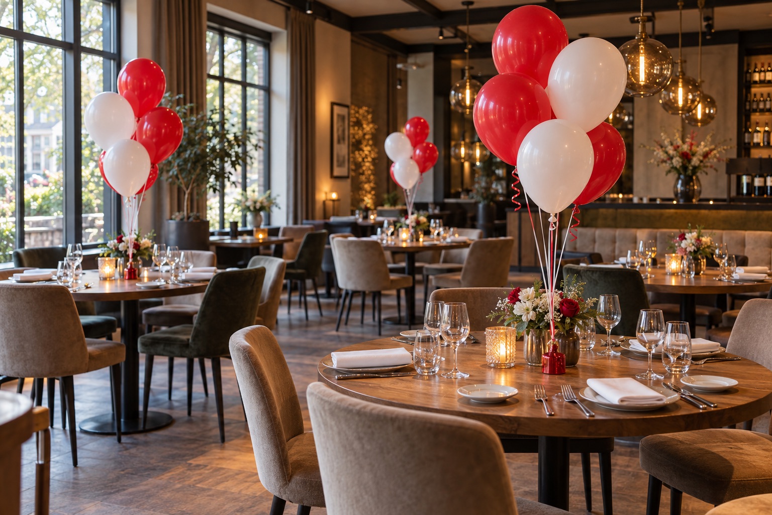 Restaurant met rood-witte heliumballonnen bij feestelijk gedekte tafels