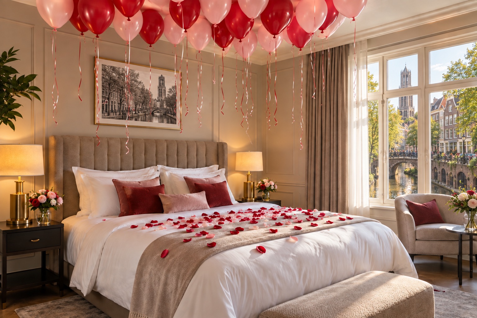 Hotelkamer met rode en roze ballonnen, rozenblaadjes, uitzicht op de Utrechtse grachten en de Domtoren op het schilderij