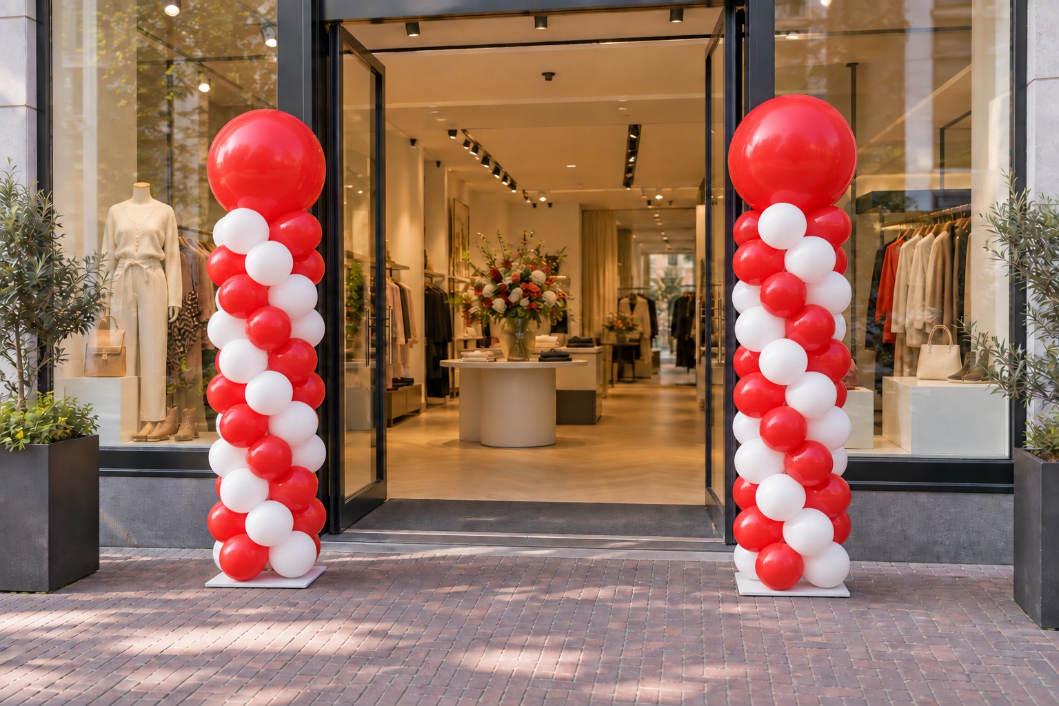 Winkelentree met twee rood-witte ballonpilaren
